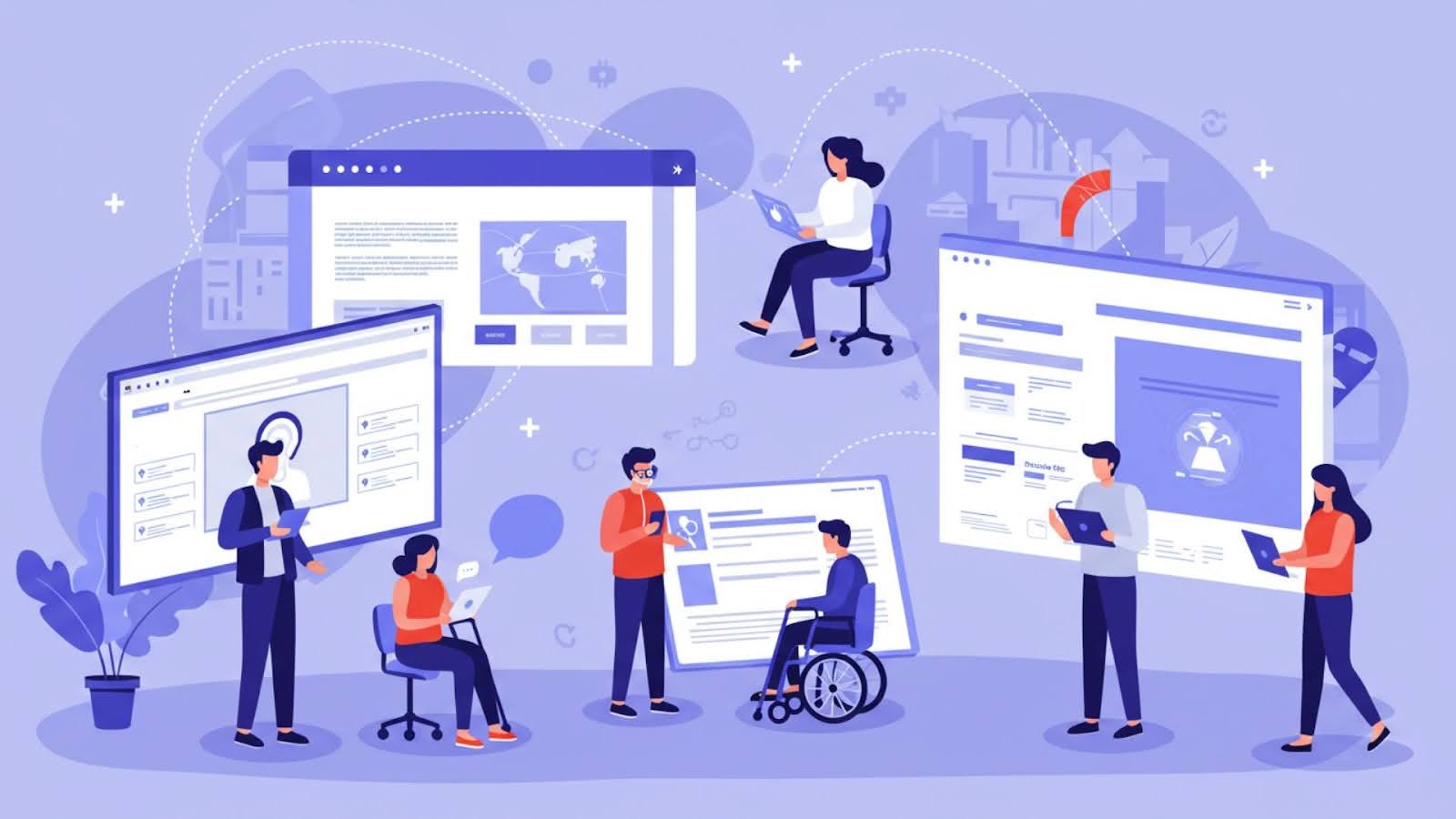 A drawing of several people who are using computers, tablets and mobile devices to access different applications. Some of them are standing while others sit , including one person who sits in a wheelchair.